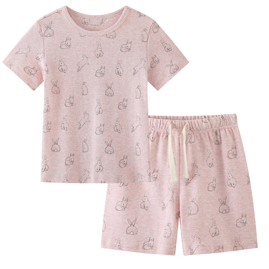 100% Organic Cotton Toddler Summer 2 Piece short sleeve Pajama Set - Pink Rabbit