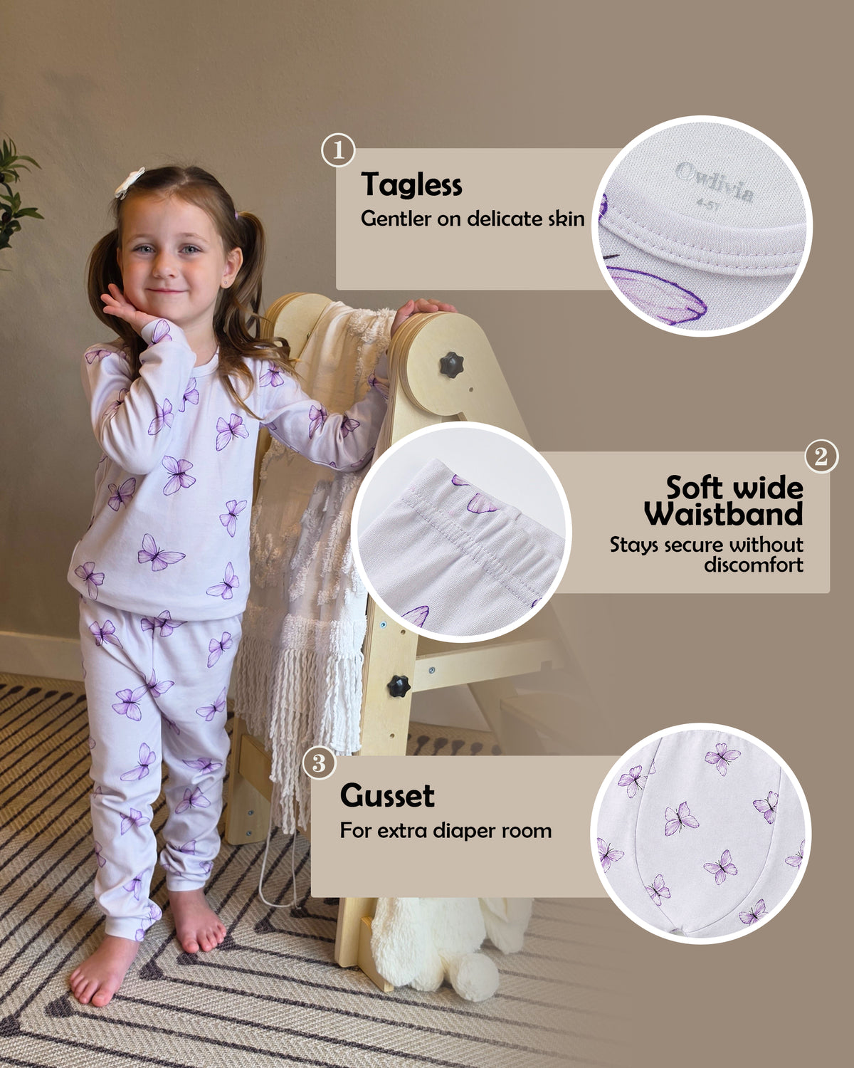 100% Organic Cotton Toddler 2 Piece Pajama Set - Lavender Butterfly
