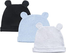 Load image into Gallery viewer, Organic Cotton + Stretch Bear Hats - 3 Pack - Black/Blue Melange/Stripes