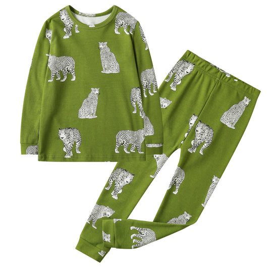 100% Organic Cotton Toddler 2 Piece Pajama Set - Green Cheetah