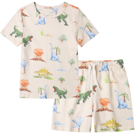 100% Organic Cotton Toddler Summer 2 Piece short sleeve Pajama Set - Watercolor Dinosaur