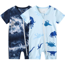 Load image into Gallery viewer, Owlivia Baby Short-Sleeve Summer Romper Set 2-Pack Tank Romper Jumpsuit for Girls and Boys(Blue Dinosaur &amp; Tie Dye Dark Navy)