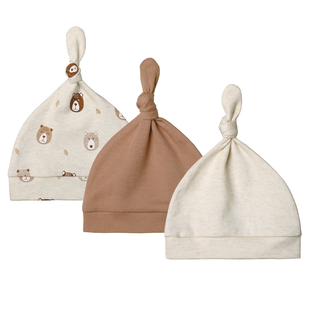 Owlivia Organic Newborn Knot Hats, Hospital Baby Beanies, Unisex Infant Caps, 3-Pack- Mini Bears&beige&brown