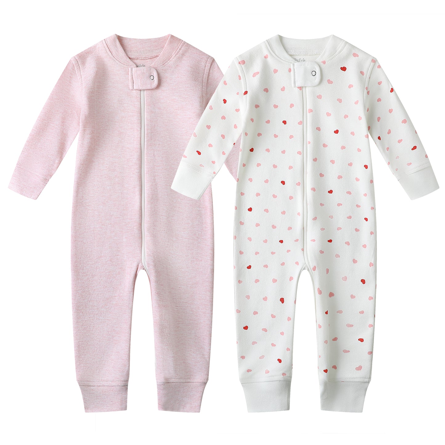 100% Cotton Footless Zip Pajamas - 2 pack - Pink Hearts & Pink Melange