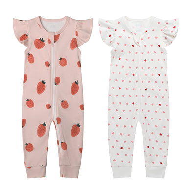 100% Organic Cotton Zip Footless Short Sleeve Pajamas - Ruffle Pink Heart & Pink Strawberry