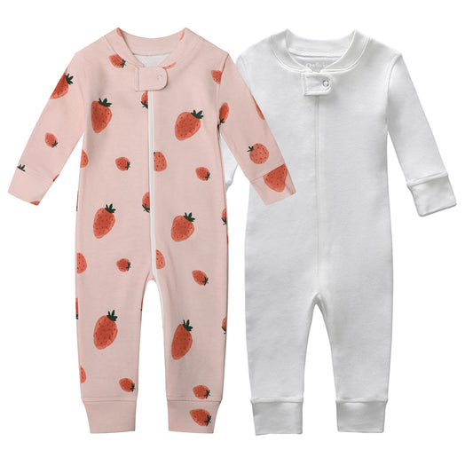 100% Cotton Footless Zip Pajamas - 2 pack - Pink Strawberry&White