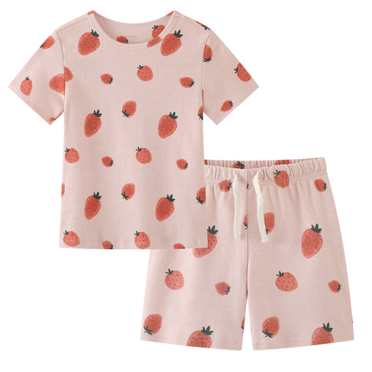 100% Organic Cotton Toddler Summer 2 Piece short sleeve Pajama Set - Pink Strawberry