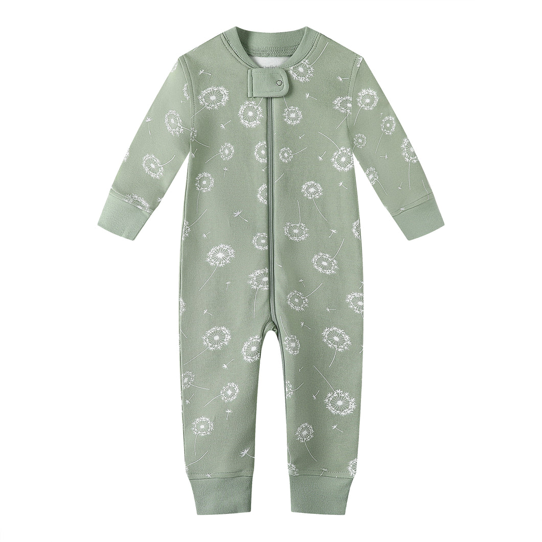 100% Organic Cotton Zip Footless Pajamas - Green Dandelion