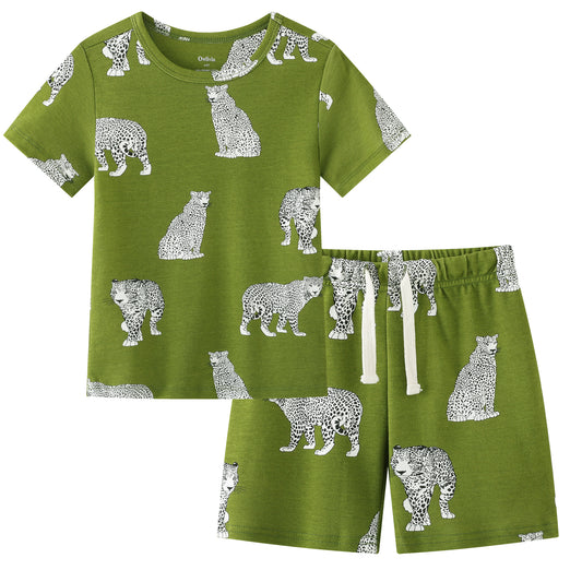 100% Organic Cotton Toddler Summer 2 Piece short sleeve Pajama Set - Green Cheetah