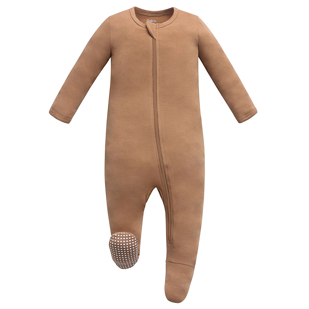 Bamboo Long Sleeve Zip Footed Pajamas - Camel