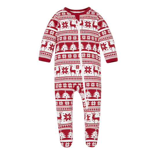 100% Organic Cotton Zip Footed Pajamas - Red Reindeer