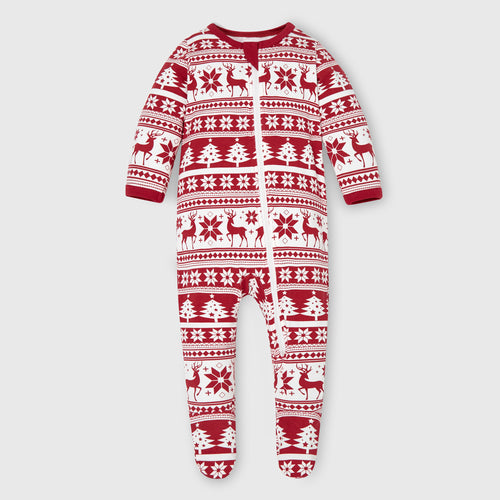 100% Organic Cotton Zip Footed Pajamas - Red Reindeer