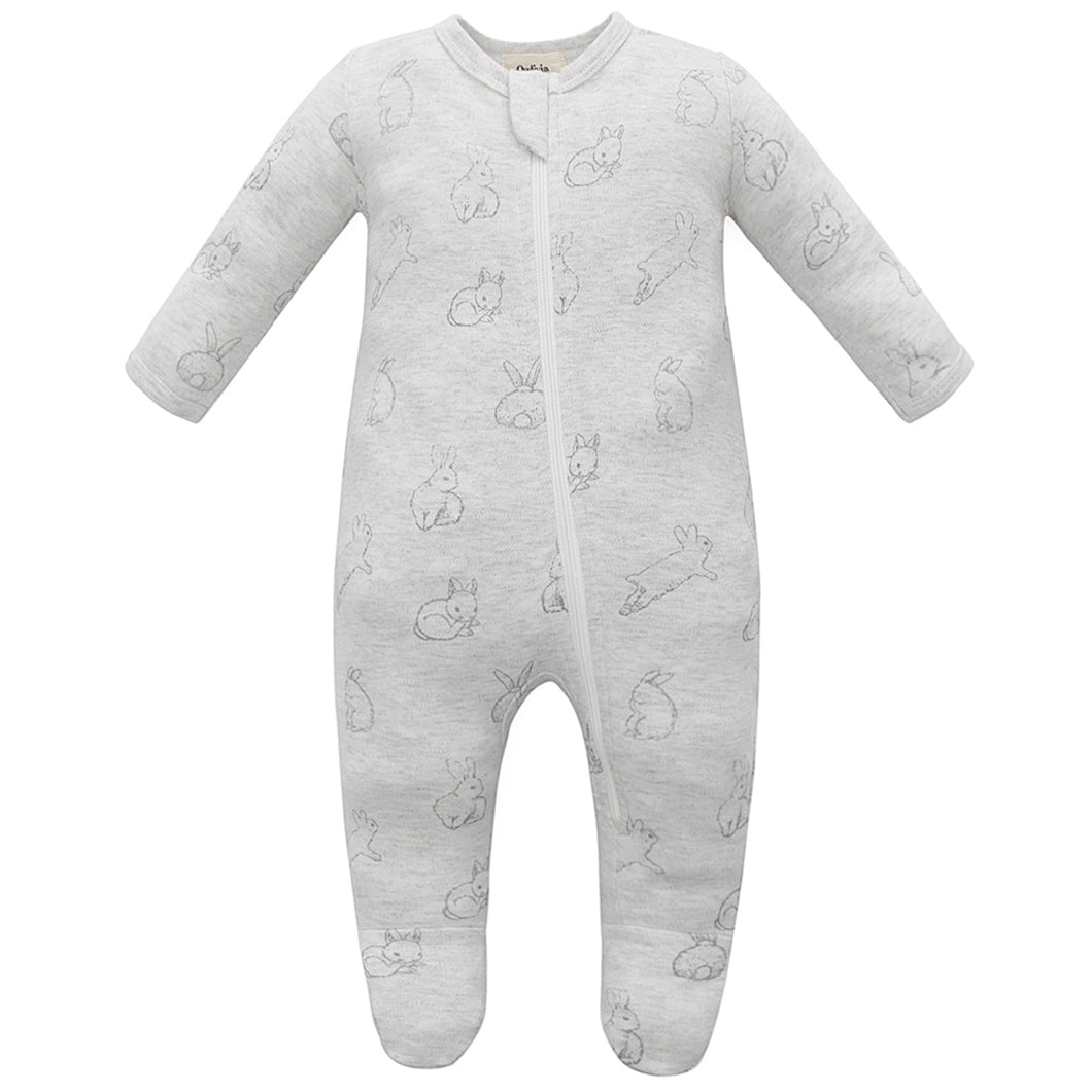 100% Organic Cotton Zip Footed Pajamas - Gray Rabbit