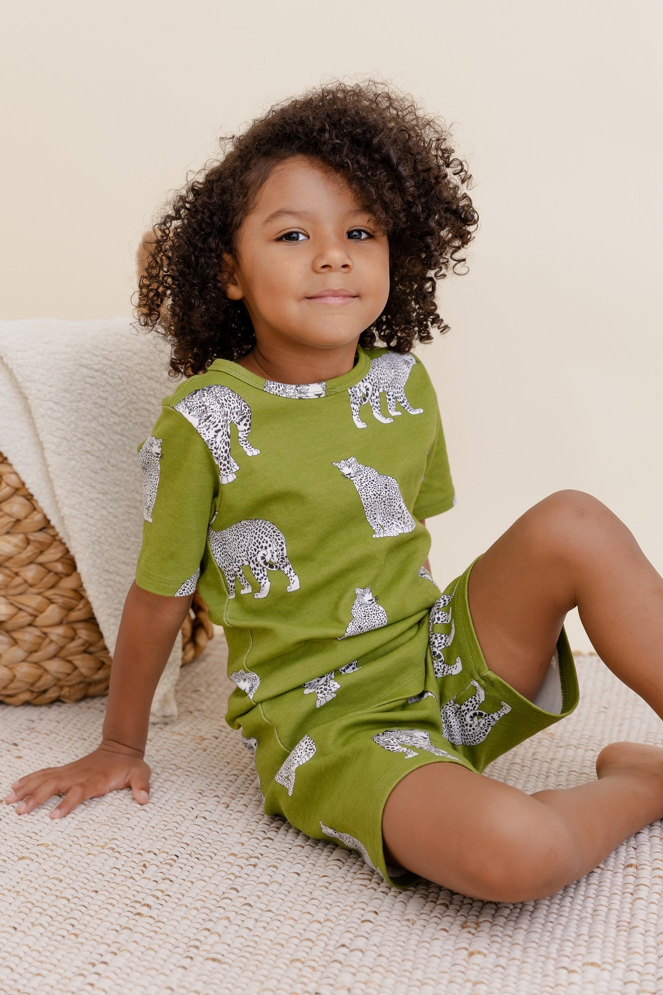 100% Organic Cotton Toddler Summer 2 Piece short sleeve Pajama Set - Green Cheetah