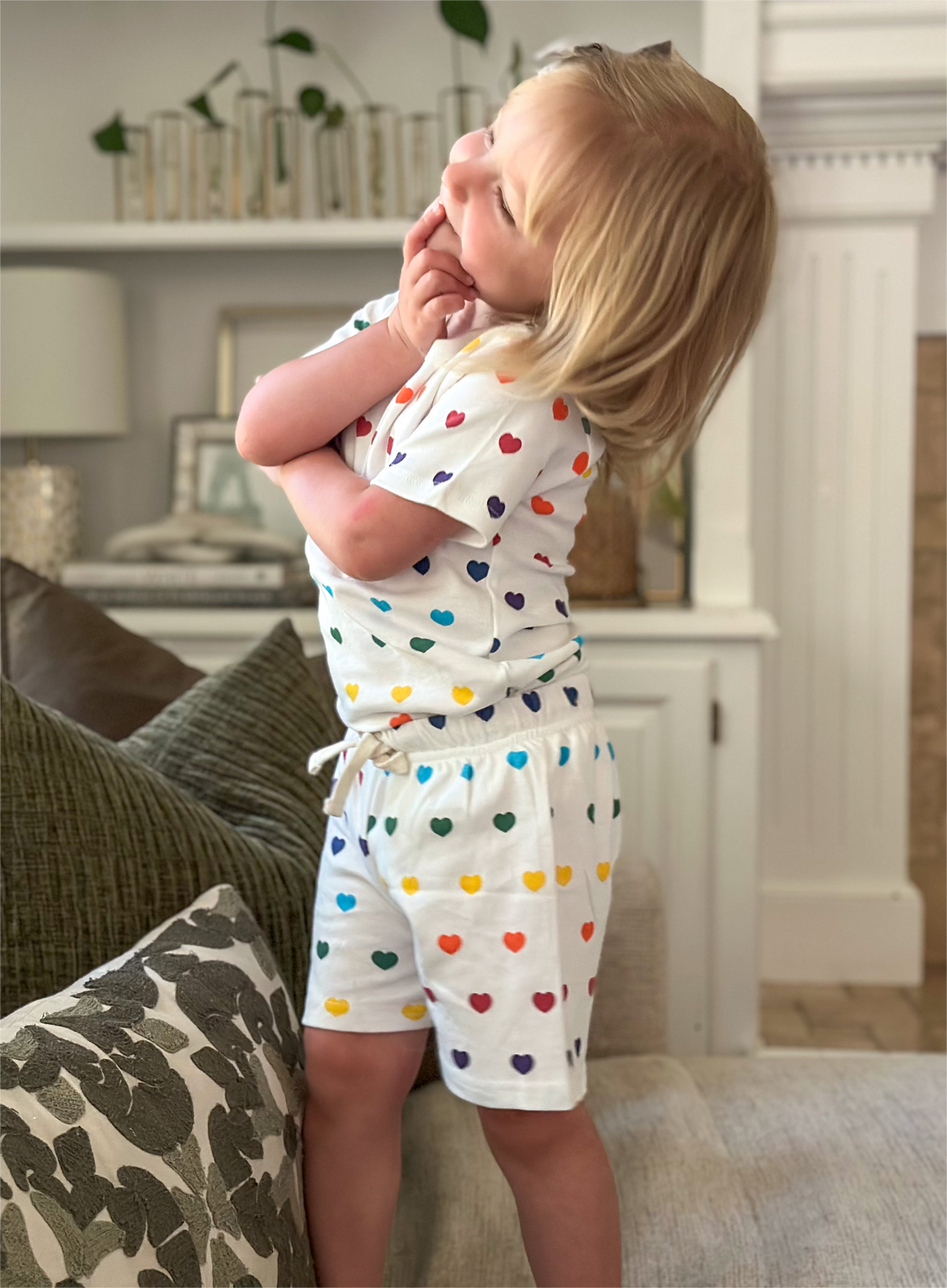 100% Organic Cotton Toddler Summer 2 Piece short sleeve Pajama Set -Rainbow Hearts