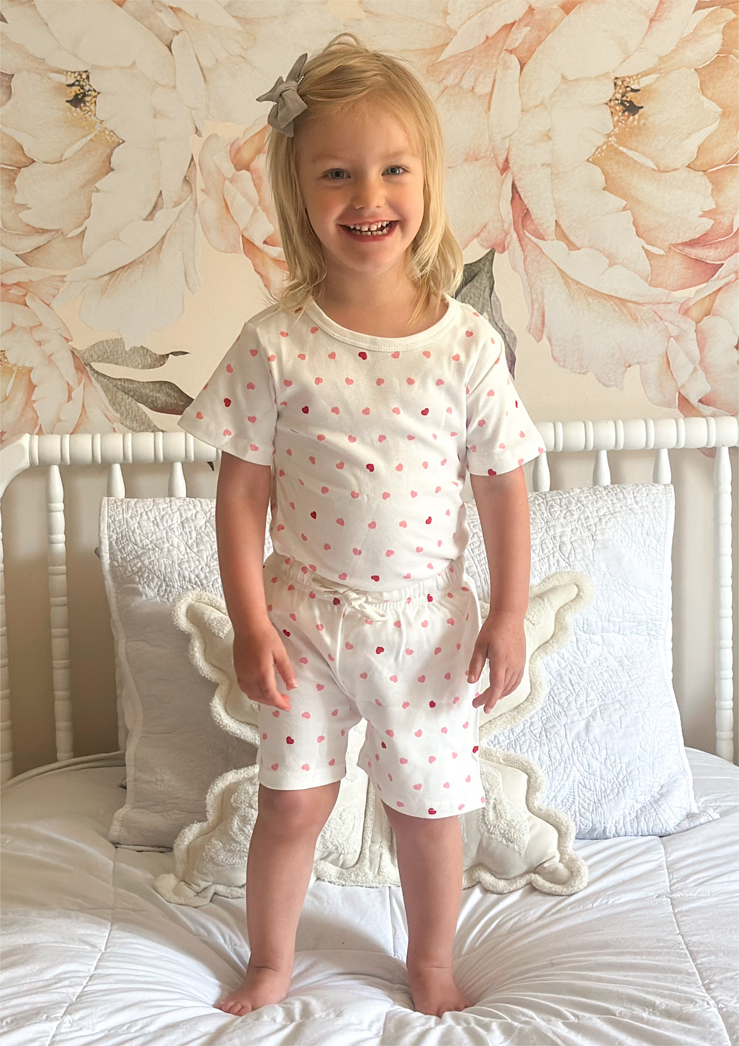 100% Organic Cotton Toddler Summer 2 Piece short sleeve Pajama Set - Pink Heart