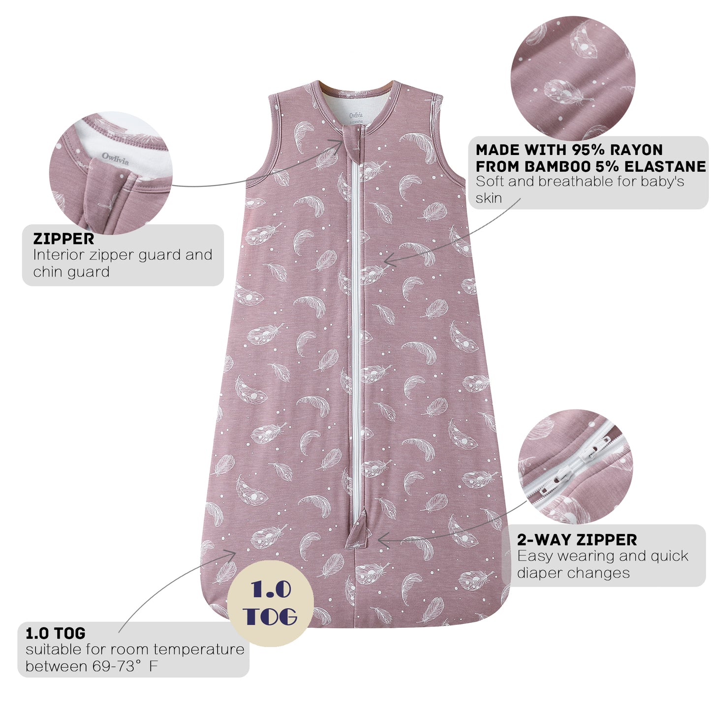 Owlivia Bamboo Rayon Baby Sleep Sack Unisex Sleeping Bag 1.0 TOG -Feather Mauve