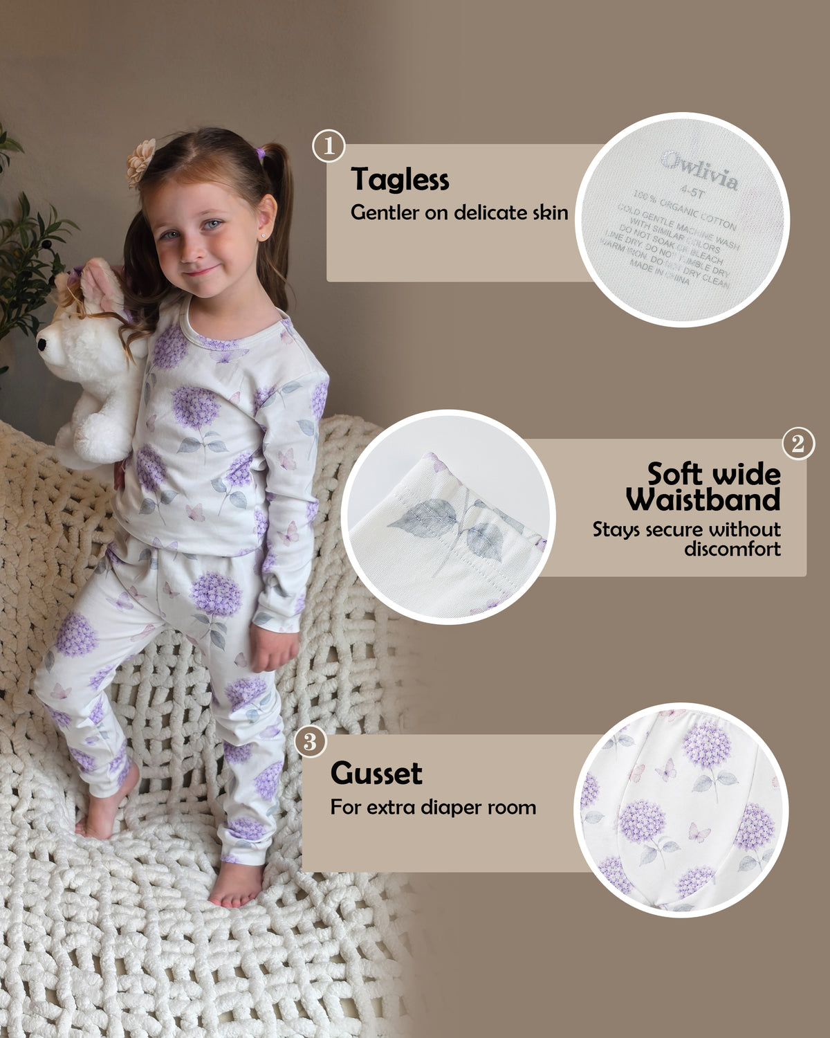 100% Organic Cotton Toddler 2 Piece Pajama Set - Lavender Hydrangea