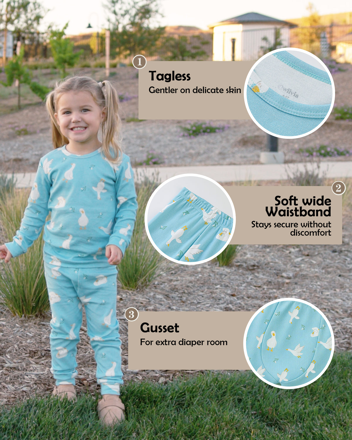100% Organic Cotton Toddler 2 Piece Pajama Set - White Goose Print