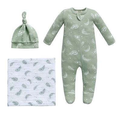 Owlivia Organic Take Me Home Outfit Set, Newborn Baby Boy Girl Footed Pajama Hat and Muslin Blanket Gift Set 3 Pcs, Feather Green