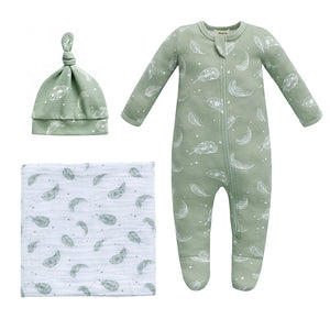 New Baby Bundle - 100% Organic Cotton Sage Feather Pajama & Knot Hat with Swaddle