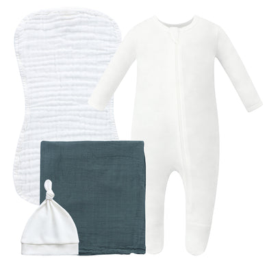 Owlivia Organic Take Me Home Outfit Set, Newborn Baby Boy Girl Footed Pajama Hat and Muslin Blanket Gift Set 3 Pcs, Ivory & Green