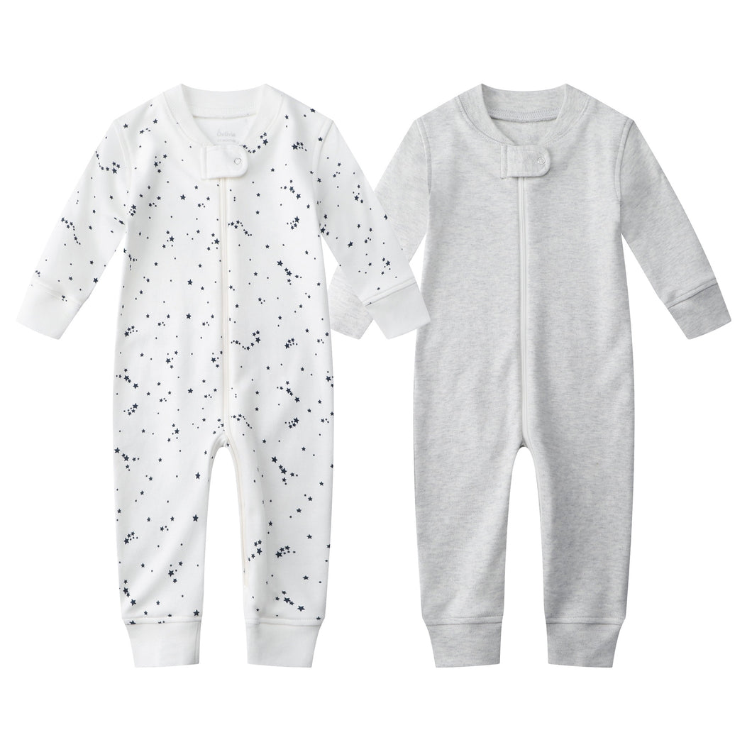 100% Cotton Footless Zip Pajamas - 2 pack - Blue Star & Gray Melange