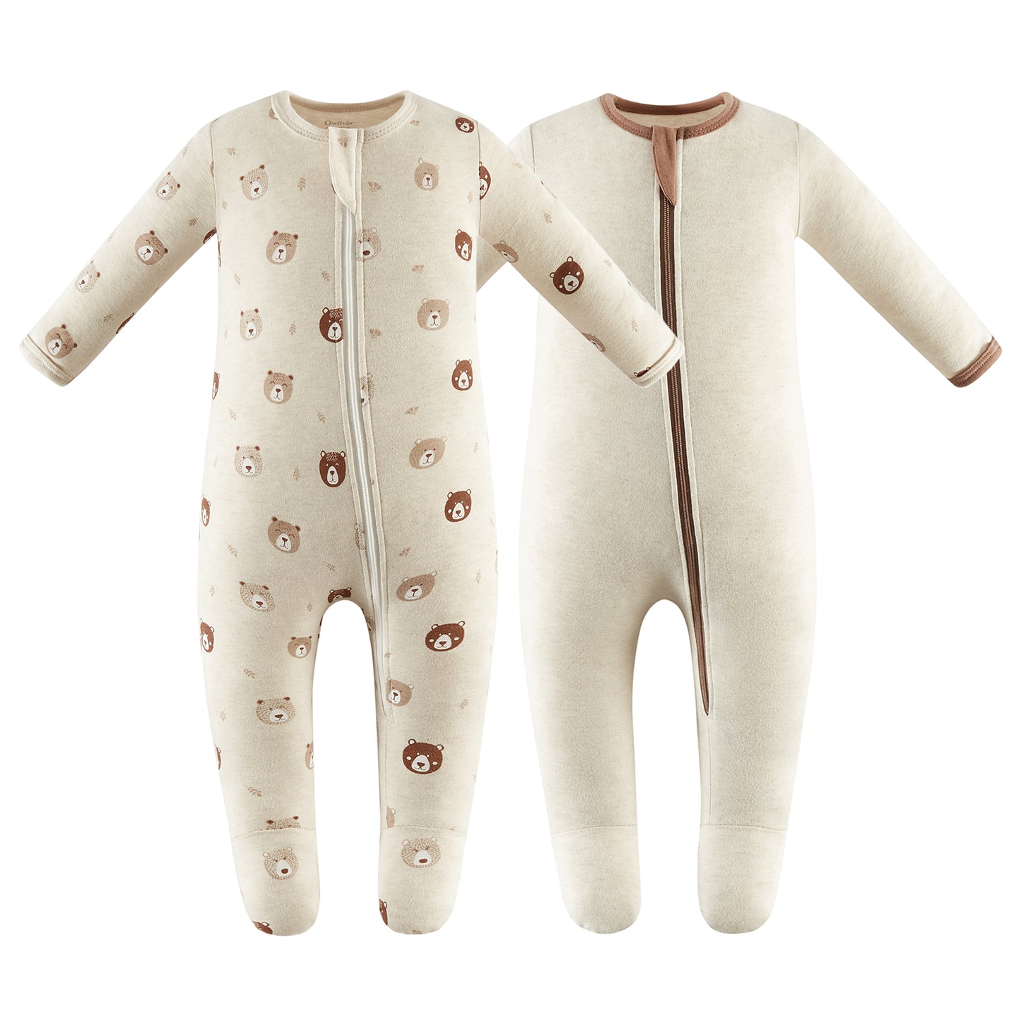 100% Cotton Footed Zip Pajamas - 2 pack - Mini Bears & Beige