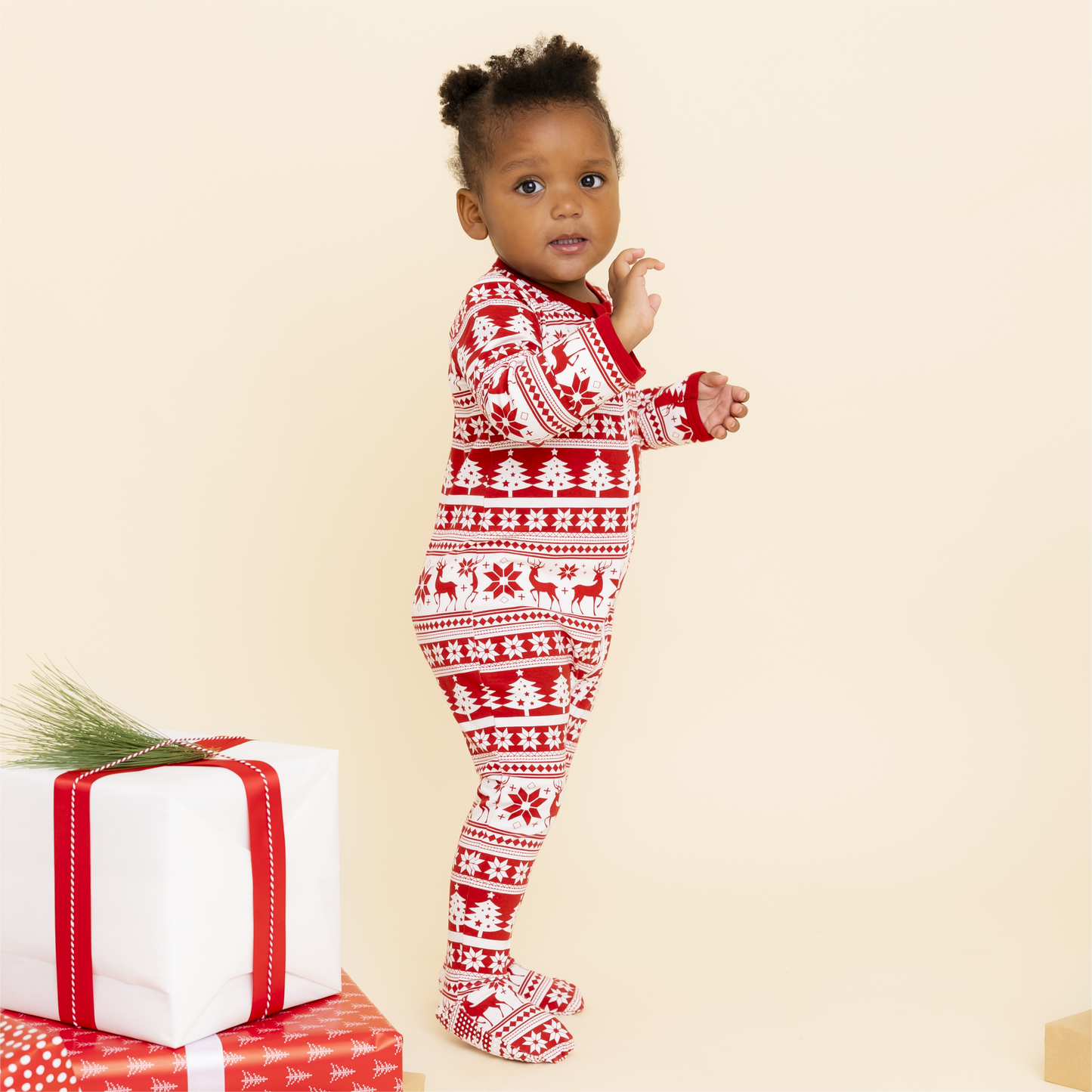 100% Organic Cotton Zip Footed Pajamas - Red Reindeer