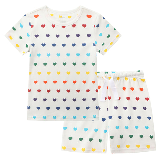 100% Organic Cotton Toddler Summer 2 Piece short sleeve Pajama Set -Rainbow Hearts