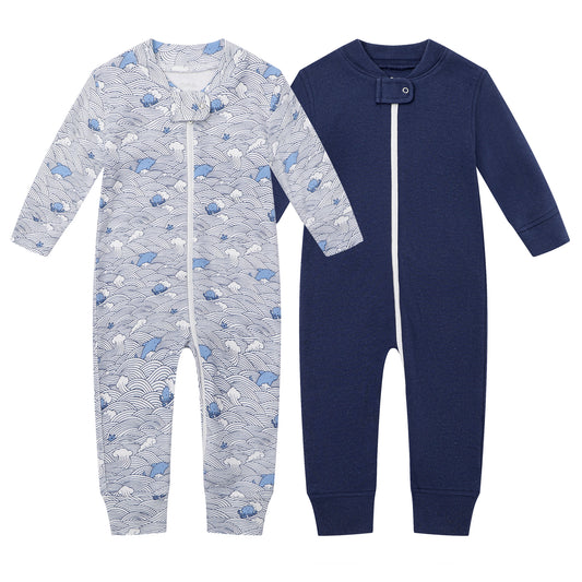 100% Cotton Footless Zip Pajamas - 2 pack - Wave & Navy