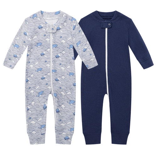 100% Cotton Footless Zip Pajamas - 2 pack - Wave & Navy