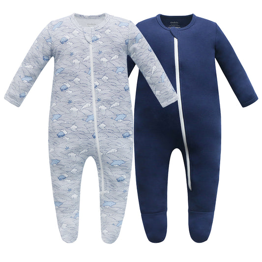 100% Cotton Footed Zip Pajamas - 2 pack - Wave & Navy