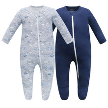 Load image into Gallery viewer, 100% Cotton Footed Zip Pajamas - 2 pack - Wave &amp; Navy