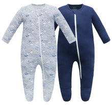 Load image into Gallery viewer, 100% Cotton Footed Zip Pajamas - 2 pack - Wave &amp; Navy