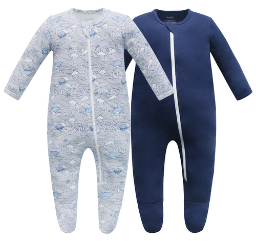 100% Cotton Footed Zip Pajamas - 2 pack - Wave & Navy