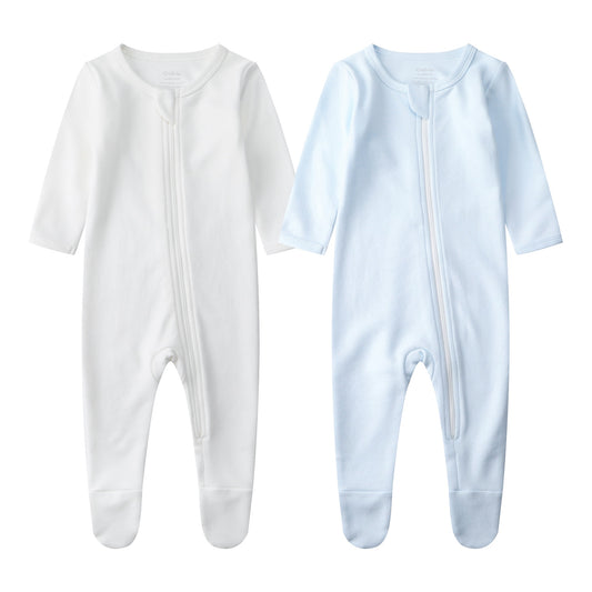 100% Cotton Zip Footed Pajamas - 2 Pack - Off-White & Blue