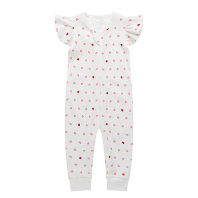 100% Organic Cotton Zip Footless Short Sleeve Pajamas - Ruffle Pink Heart