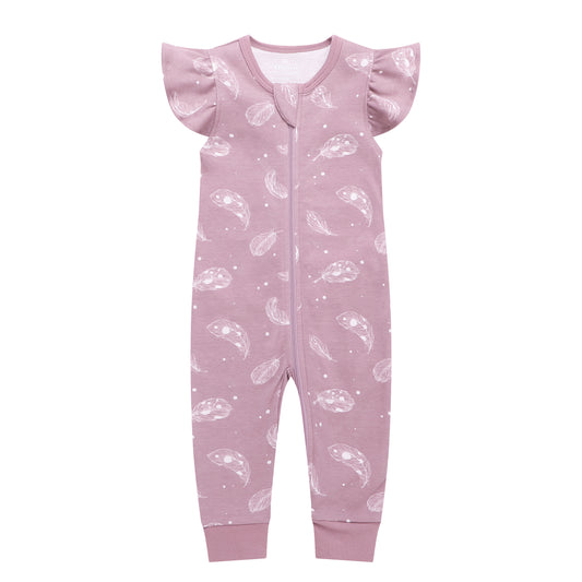 100% Organic Cotton Zip Footless Short Sleeve Pajamas - Ruffle Feather Mauve