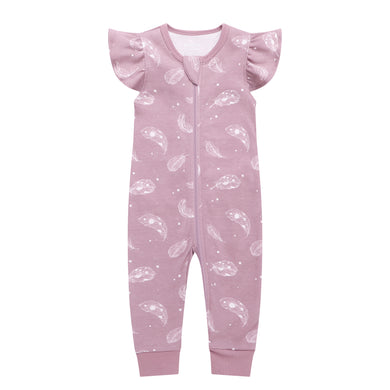 100% Organic Cotton Zip Footless Short Sleeve Pajamas - Ruffle Feather Mauve