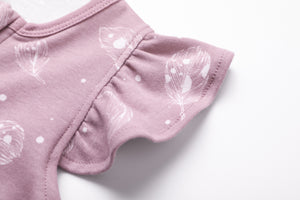 100% Organic Cotton Zip Footless Short Sleeve Pajamas - Ruffle Feather Mauve