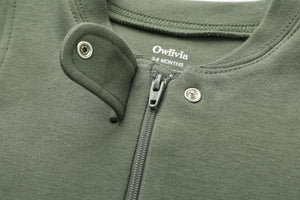 100% Organic Cotton Zip Footless Short Sleeve Pajamas - Short Olive & Gray Melange