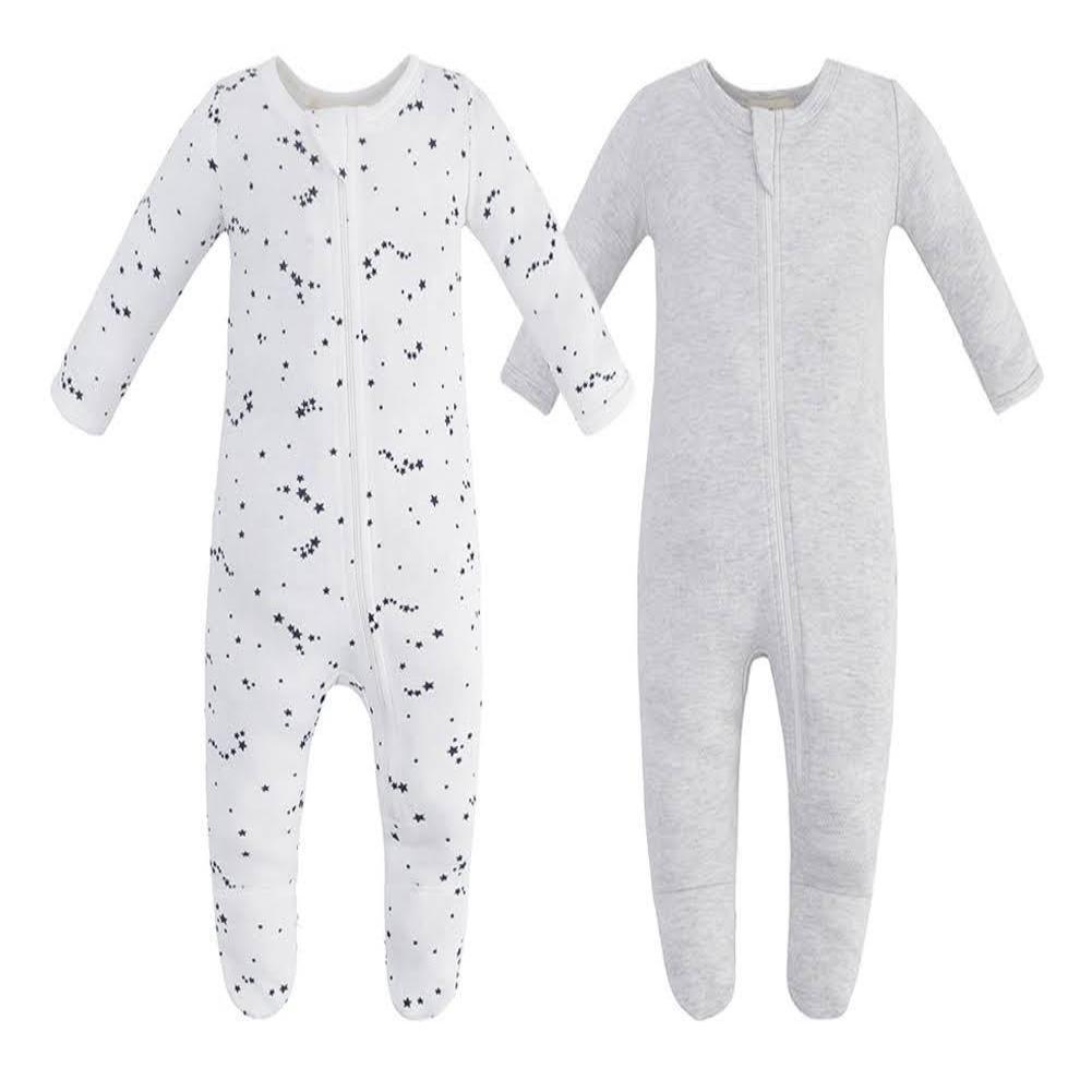 100% Cotton Zip Footed Pajamas - 2 Pack - Blue Star & Grey Melange