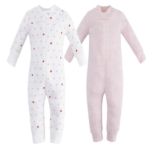 100% Cotton Footless Zip Pajamas - 2 pack - Pink Hearts & Pink Melange