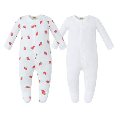100% Cotton Zip Footed Pajamas - 2 Pack - Strawberry & Off-White