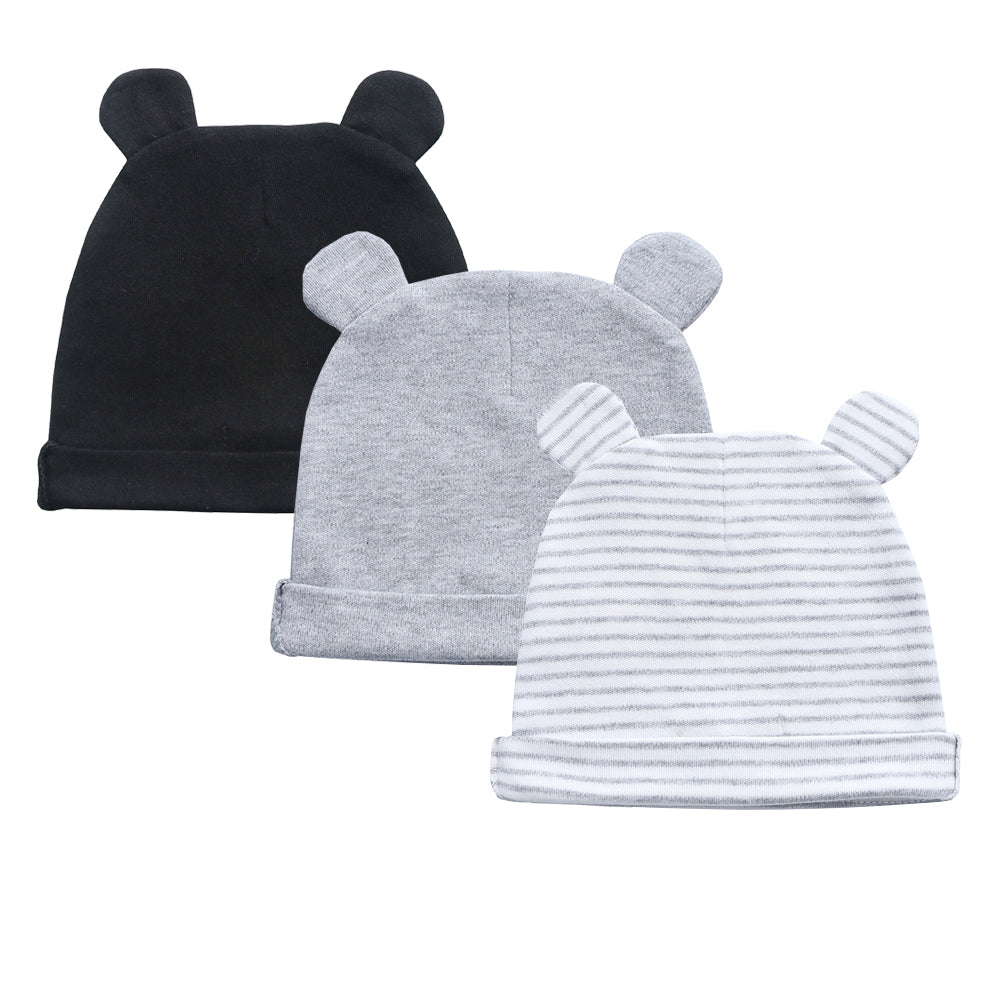 Organic Cotton + Stretch Bear Hats - 3 Pack - Black, grey and stripes