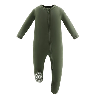 Bamboo Long Sleeve Zip Footed Pajamas - Olive