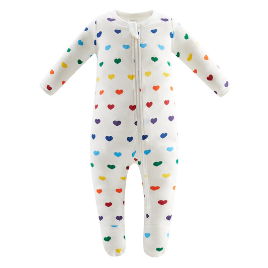 100% Organic Cotton Zip Footed Pajamas - Rainbow Hearts