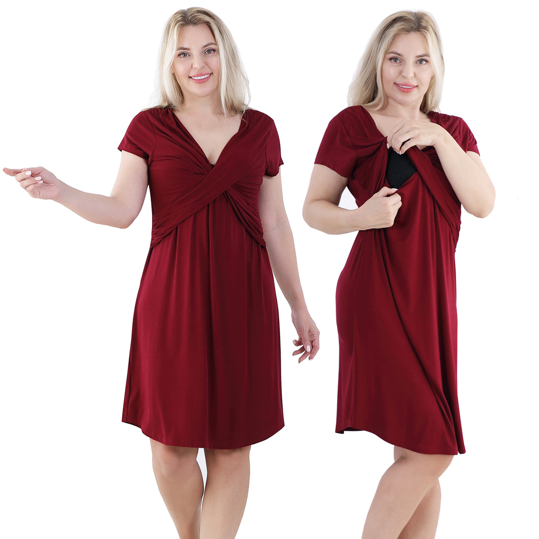 Women's Short-Sleeve Maternity Dress - Wine Red