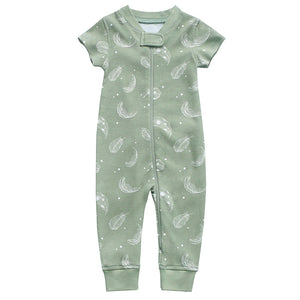 100% Organic Cotton Zip Footless Short Sleeve Pajamas - Feather Green